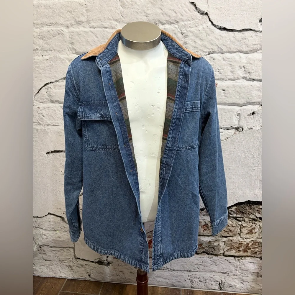 CHAPS Barn Coat Shacket Flannel Lined Denim Shirt Jacket Classic Corduroy Collar